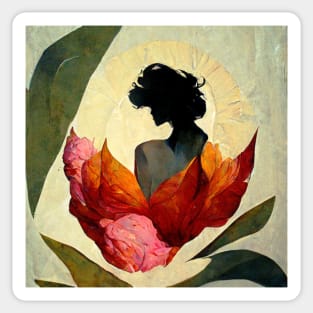 Contemporary painting. Peony flower, sun, leaf, woman, love,gift Sticker